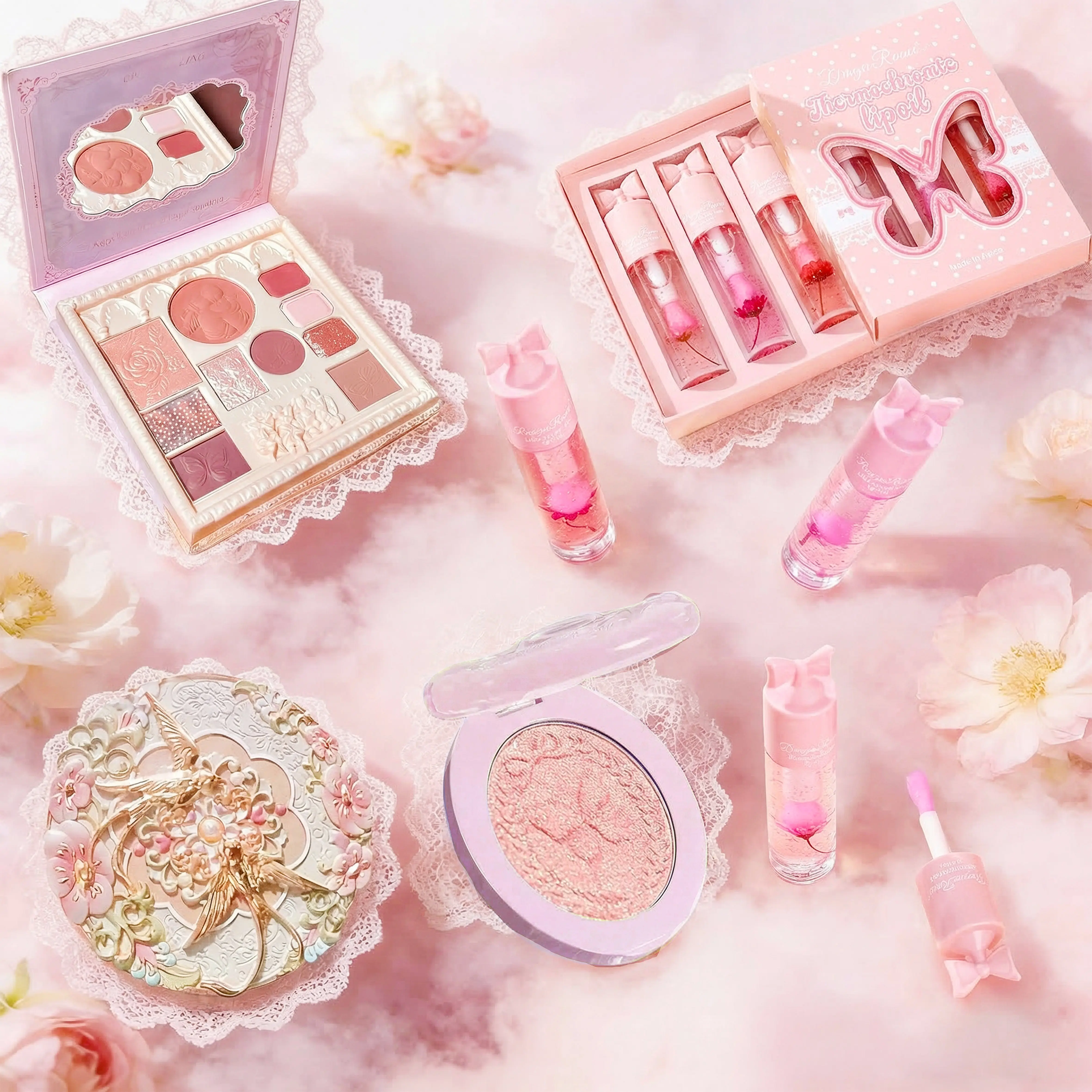 Cherry Blossom Angel Style Cosmetics Set,  Makeup, Affordable,steady liquid blush juicy spicy  lip plump set Complete AirBrush Makeup Set with Primer Plumping Pout Perfect Gloss Strawberry Facial 、 Complexion Palette essential bundle Compact Eyeshadow