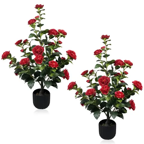 LVZHIYUAN 2-Pack White Realistic Artificial Camellia Tree with Built-In Flower Pot, 35.43in (3ft Tall) Indoor Faux Plant, Garage & Courtyard Decor Green Ornaments