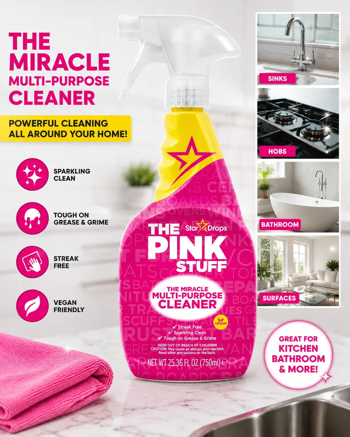 Stardrops The Pink Stuff Multi-Purpose Miracle Cleaner Spray - Household Items, 25.36 Fl Oz, Rhubarb, Multi Surface Cleaner, Floor Cleaner
