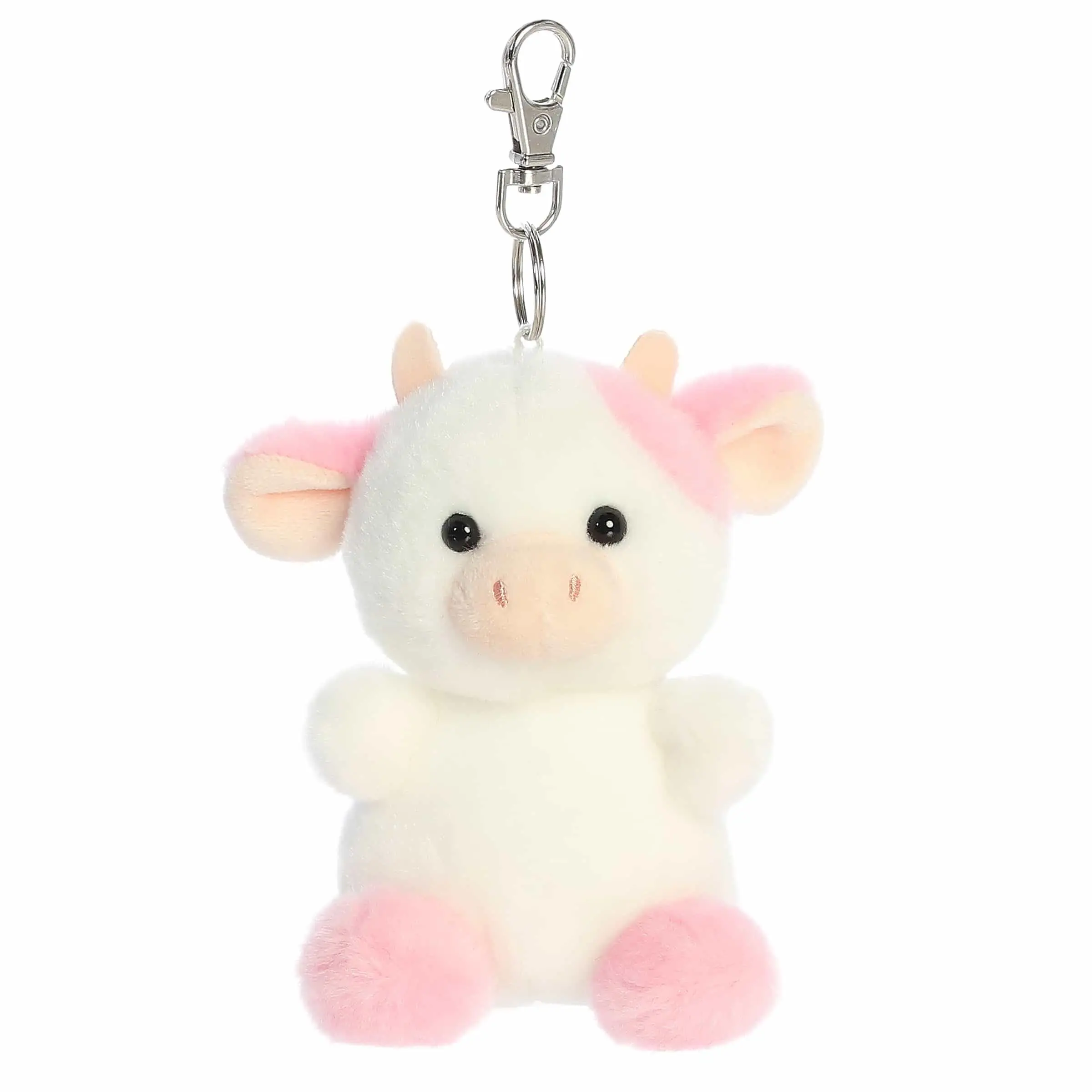Aurora Palm Pals Belle Strawberry Cow Clip-On Plush Keychain - Soft Collectible Bag Charm for Backpacks, Purses & Keys - White Pink, 4 Inches