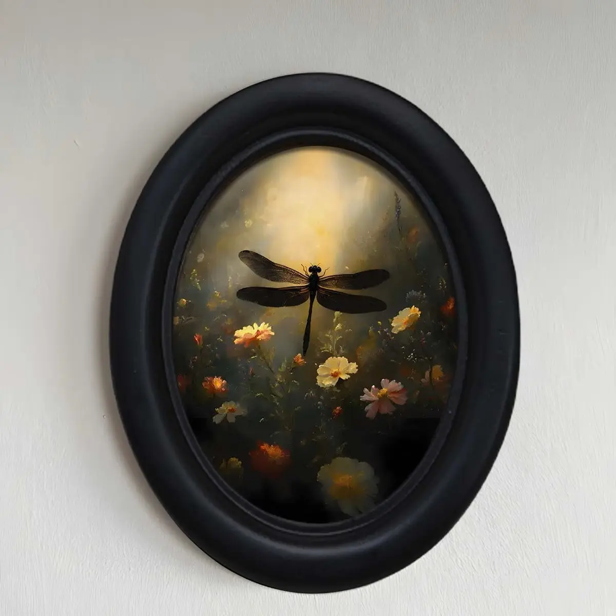 Vintage Forest Dragonfly Pattern Boho Floral Print Oval Frame Artistic Decorative Painting, Art Work For Wall Decor, Perfect for Christmas Thanksgiving Home Office Wall Decoration, Vintage Room Decor