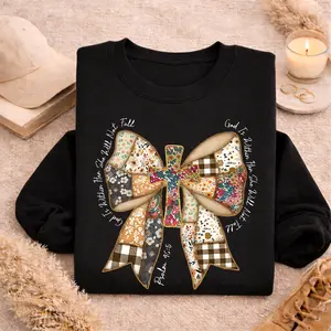 Fall Christian Bow Cross Shirt, Patchwork Floral Plaid Ribbon Graphic Tee, Proverbs 4:6 Faith Quote Autumn Aesthetic Cozy Church Outfit Gift