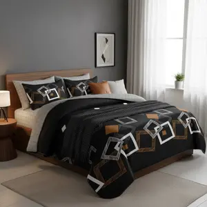 Black Geometric 6-Piece Comforter in a Bag – Bamboo Polyester. All-season: quilt in summer, mattress topper in winter. Ultra soft, wrinkle & fade resistant, machine washable.  comforter + flat sheet + 2 pillowcases + 2 cushion cases Queen/King/Cal King