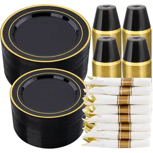350 PCS Black Plastic Dinnerware Set for 50 Guests, 100 Disposable Plates for Party, 50 Pre Rolled Napkins with Gold Silverware, 50 Cups for Graduation