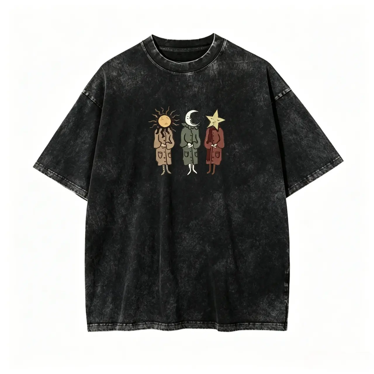 Sun Moon Star Character Graphic Oversized T-Shirt Vintage Washed Casual Cotton Loose Tees Harajuku Streetwear Fashion Comfortabl