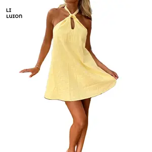 Women Summer Halter Mini Dress Summer Boho Floral Print A-line Sleeveless Backless Beach Vacation Dress Party Clubwear