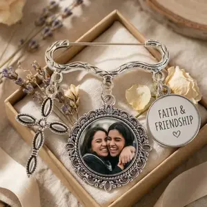 Custom Photo Charm Pin, Personalized Cross Photo Brooch, Christian Keepsake Jewelry, Best Friend Memory Pin, Photo Charm Gift