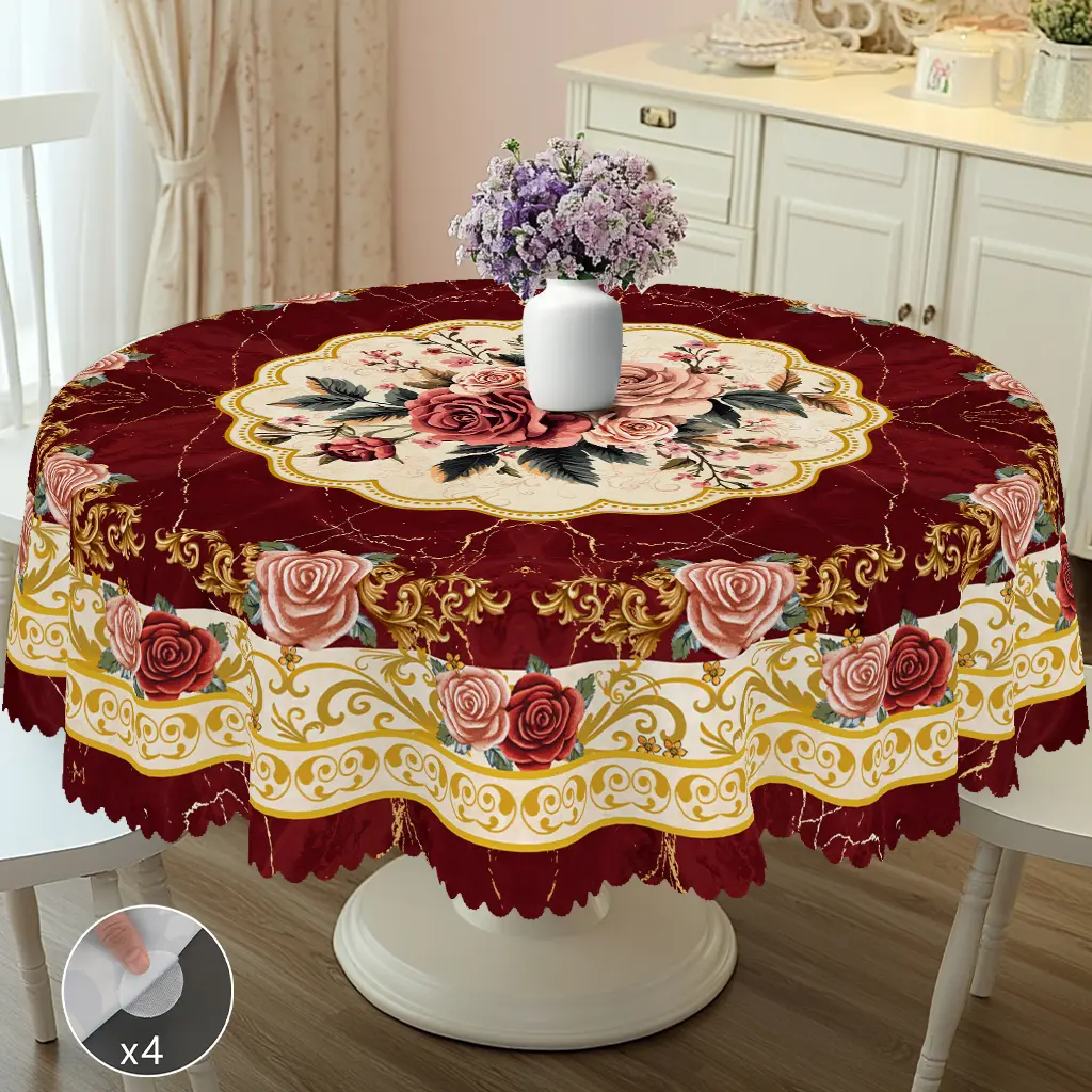 【Back to School】PLUMLIK Elegant Floral Tablecloth Brick Red with Marble Texture Rose Flower Table Cover Vintage Rectangular Round Tablecloth for Wedding Anniversary Courtyard Summer Home Holiday Party Decoration Bridal Shower Gift Kitchen Accessories