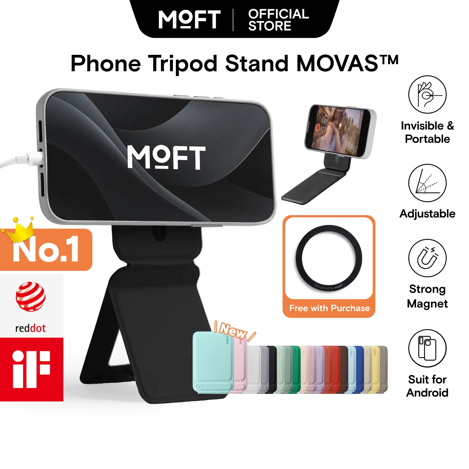MOFT Leather Portable Tripod - Magnetic Phone Mount, Compact Mobile Stabilizer Stand, Flexible Angle Adjustment, Magnetic Adapter Selfie Accessories for Filming Setup, Hands-Free Recording, iPhone & All Smartphones