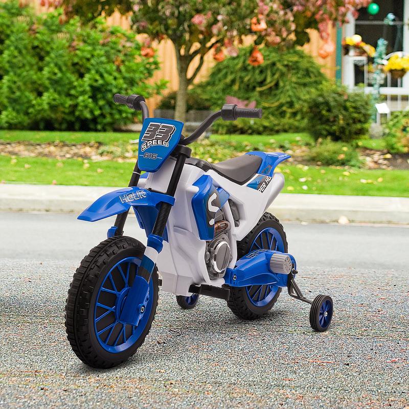 12V Kids Motorcycle Dirt Bike – Electric Battery-Powered Ride-On! Off-Road/Street Bike with Charging Battery + Training Wheels • Blue!