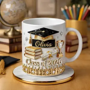 Custom Name Graduation Mug 2D Printed 3D Effect Coffee Cup Unique Design for Her Class of 2026 College Senior Graduation Keepsake Celebration Gift Idea Special Present Graduate Cup