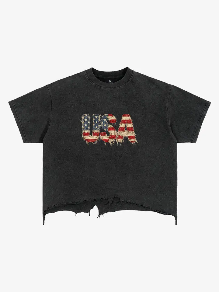 Thesupermade Ripped USA Flag Cropped T-Shirt | Distressed Vintage Graphic Raw Hem Streetwear Tee Men Women