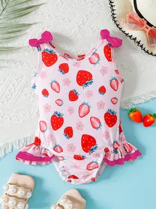 Summer Baby Girls' Strawberry Floral Bow Ruffle One‑Piece Swimsuit 🍓 Cute Beach Pool Swimwear Toddler Swimsuit