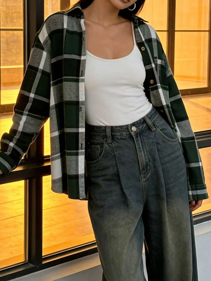 Womens Oversized Plaid Flannel Shirt Casual Long Sleeve Button Up Shacket Jacket For Fall Winter Streetwear