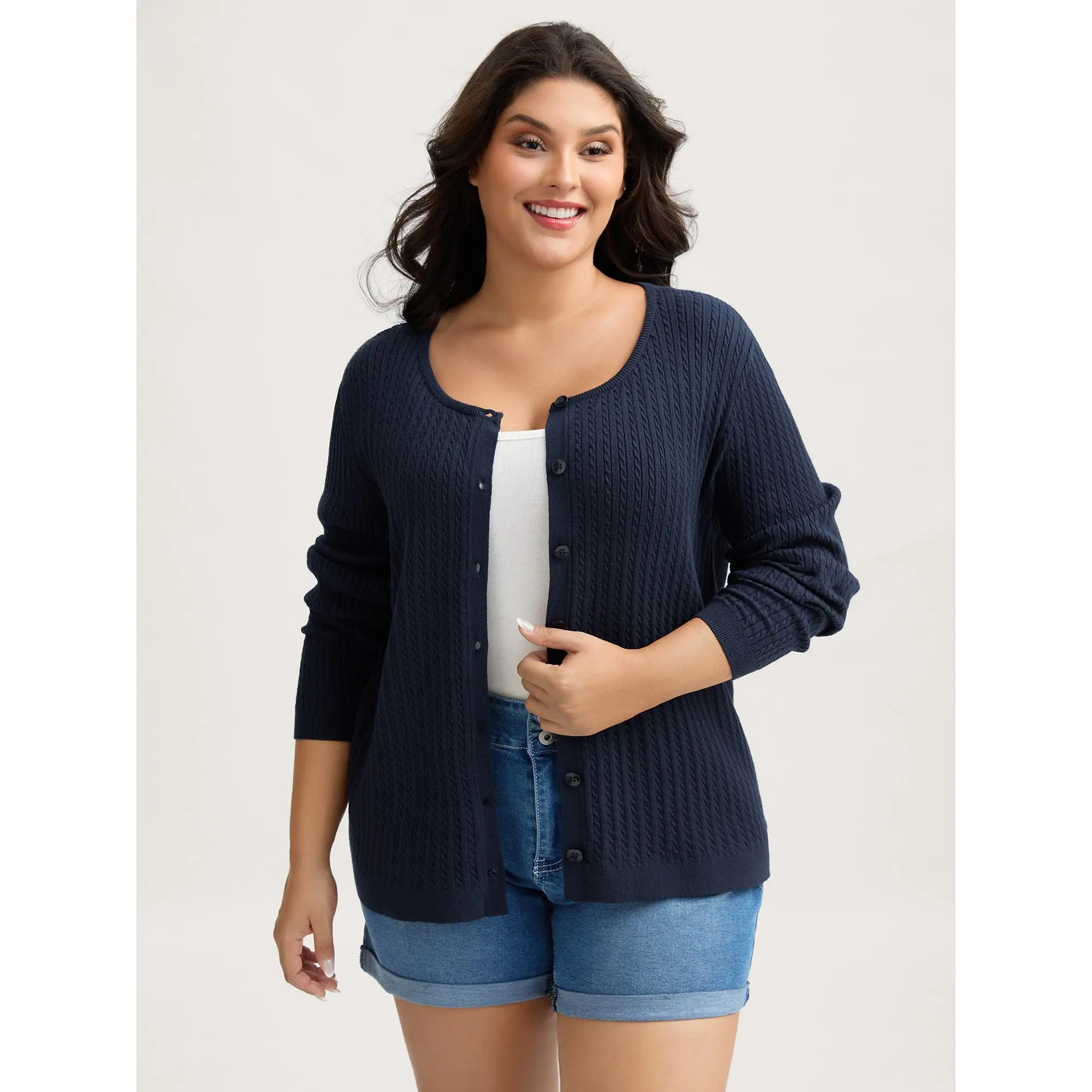 BloomChic Women's Plus Size Supersoft Cable-Knit Cardigan - Casual Wear, Solid Long Sleeve, Button Closure Nylon Knit Top, Basic Fit, Low Iron, Midnight, Do Not Dry Clean