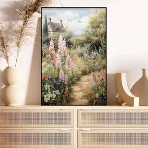 Charming English Cottage Garden Canvas Print Floral Wall Art with Pastel Flowers and Stone Pathway Whimsical Home Decor for Chill Room Accessories Front Porch Living Room Accent Bedroom and Home Office Cottagecore Housewarming Gifts