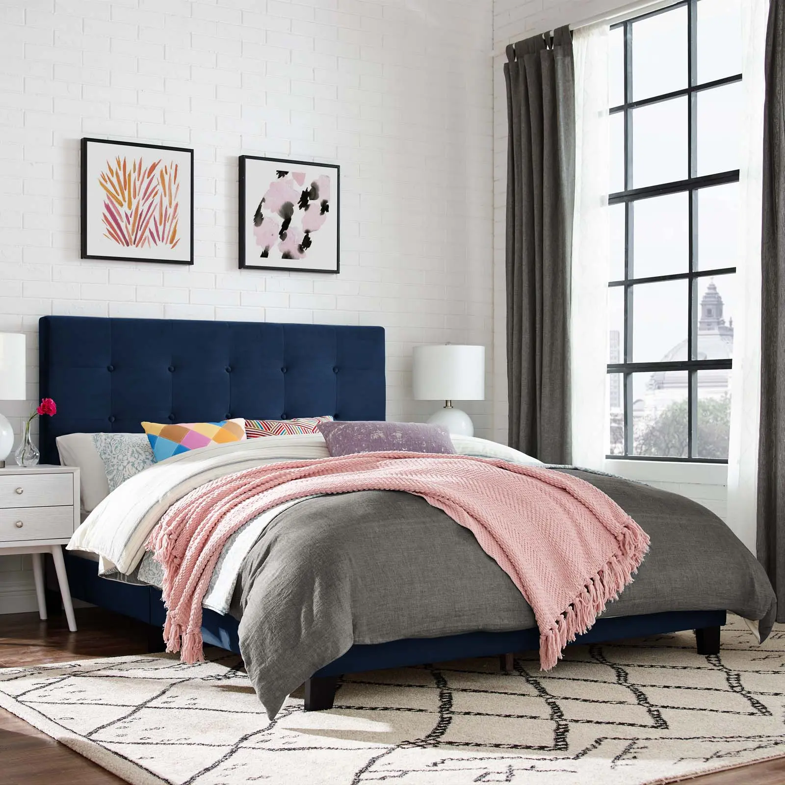 Modway Melanie King Platform Bed - Upholstered Performance Velvet, Tufted Button Design, Upholstered Tufted Headboard, Midnight Blue