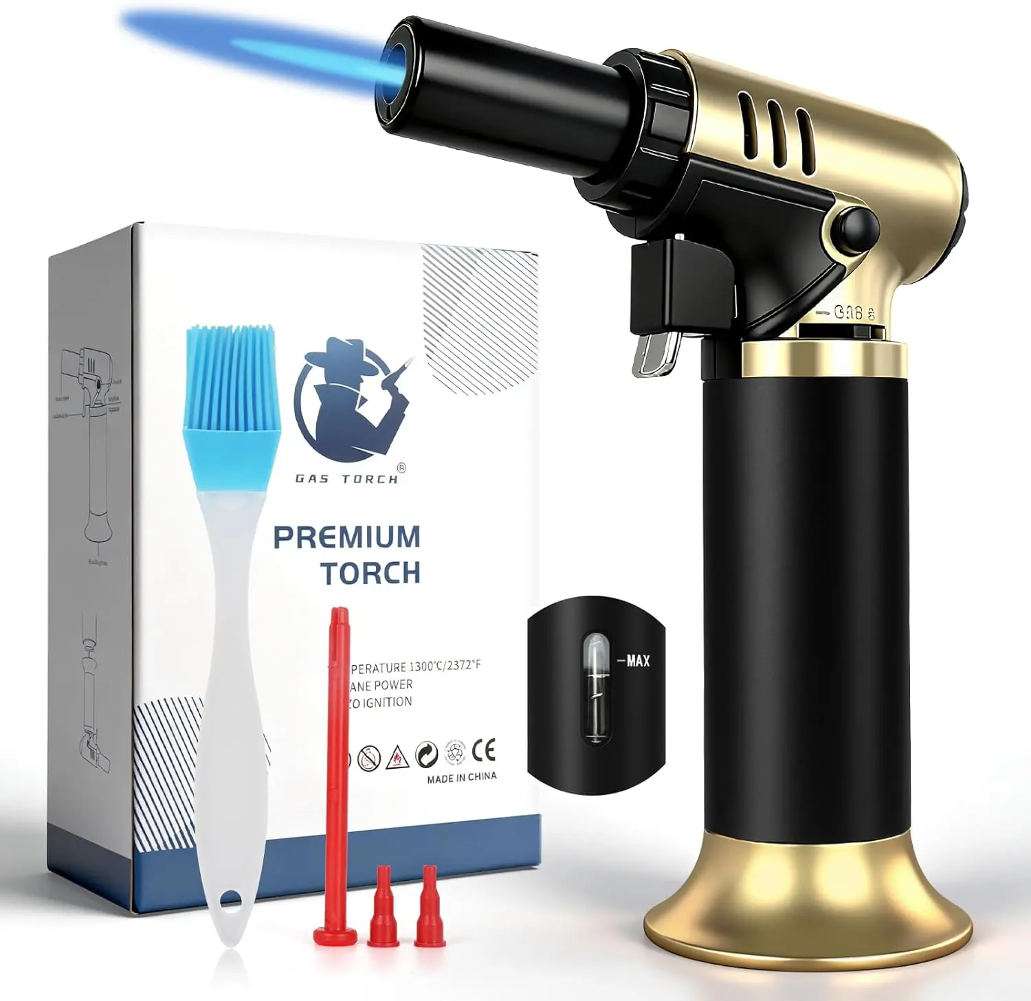 Refillable Gold Metal-Plastic Kitchen Butane Torch Lighter - Adjustable Flame Tool with Fuel Gauge, Continuous Flame Lock, Base Stand for Creme Brulee, Cooking, Soldering (Butane Not Included, Single Unit)