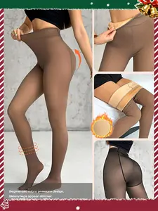 Women's High Waist Elastic Leggings, Fleece Lined Winter Warm Tight Fit Pants, Casual Fall & Winter Bottoms, Plain Pattern