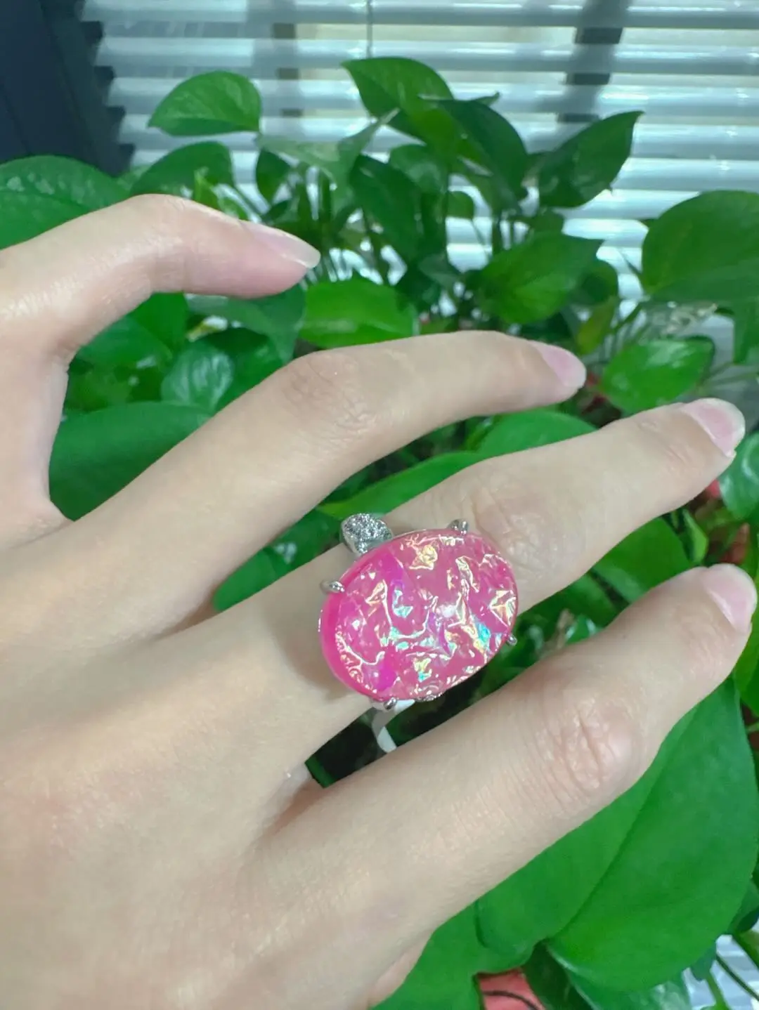 Evelyn(12857)gc.Manmade pink opal adjustable ring $10/pc