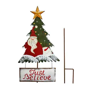 36.5" Height 2 Parts Red Hat Santa Just Believe Garden Stake Decor Christmas Tree Yard Stake, Outdoor Metal Christmas Welcome Sign Garden Stake Yard Sign Lawn Stake Christmas Snowman Yard Decor Halloween Thanksgiving New Year Holiday Decoration