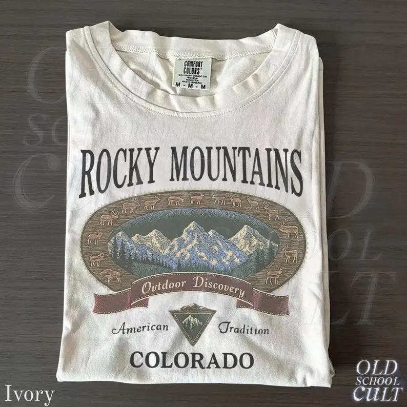 Comfort Colors Vintage Rocky Mountains Colorado T-Shirt, Outdoor Discovery Graphic Tee, 90s Mountain Hiking TShirt Ivory Nature Top