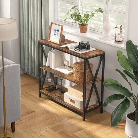 MAHANCRIS 3-Tier Industrial Wooden Console Table - Narrow Engineered Wood Entryway Sofa Table with Storage Shelves, 9.4" Deep for Slim Corners, Metal X-Frame Stable, Industrial Rustic Chic Vibe, Entryway Organizer, Rustic Brown for Living Room/Room Decor