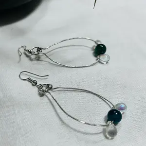 SCS-BWER1-018 Forest Green Dew Drop Earrings with Emerald Glass Bead & Clear Crystal Accents on Stainless Steel Wire for Elegant Style Handmade Jewelry