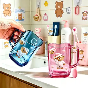 Teddy Bear Cartoon Bathroom Cup Set, Durable Shatter-Resistant Toothbrush Holder with Soft Brush, Ideal for Travel and Gifts
