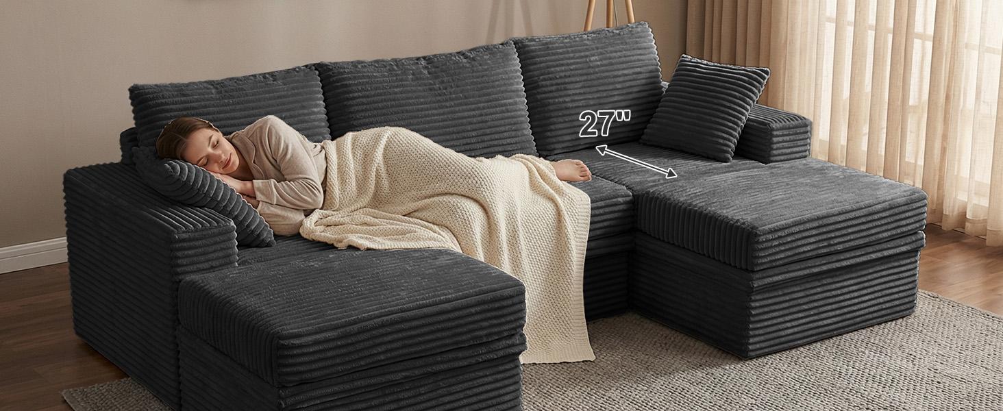 【3 Packages Shipping】NABUMI 107" Modular Sectional Sofa with Storage, Oversized U-Shaped Cloud Couch with Ottoman, 27" Deep Seat Memory Foam Corduroy 5-Seater Couches, Free Combination, Tool-Free Assembly, Black, Beige, Dark Gray, Green