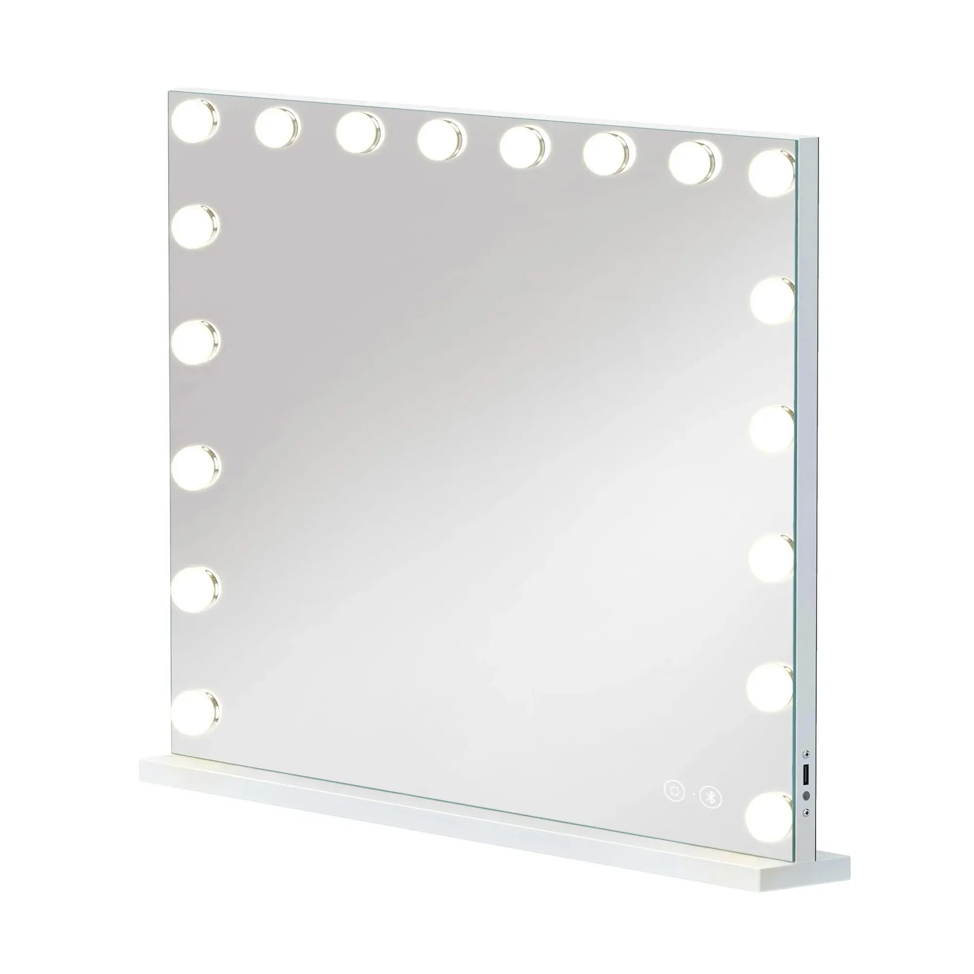 Vanity Mirror with Lights 31.5''x22.8'' Tempered Glass Large Hollywood Mirror with 18 Dimmable Bulbs for Makeup, Table/Hanging Bluetooth Speaker Mirror with Touch Screen & USB Charge Port