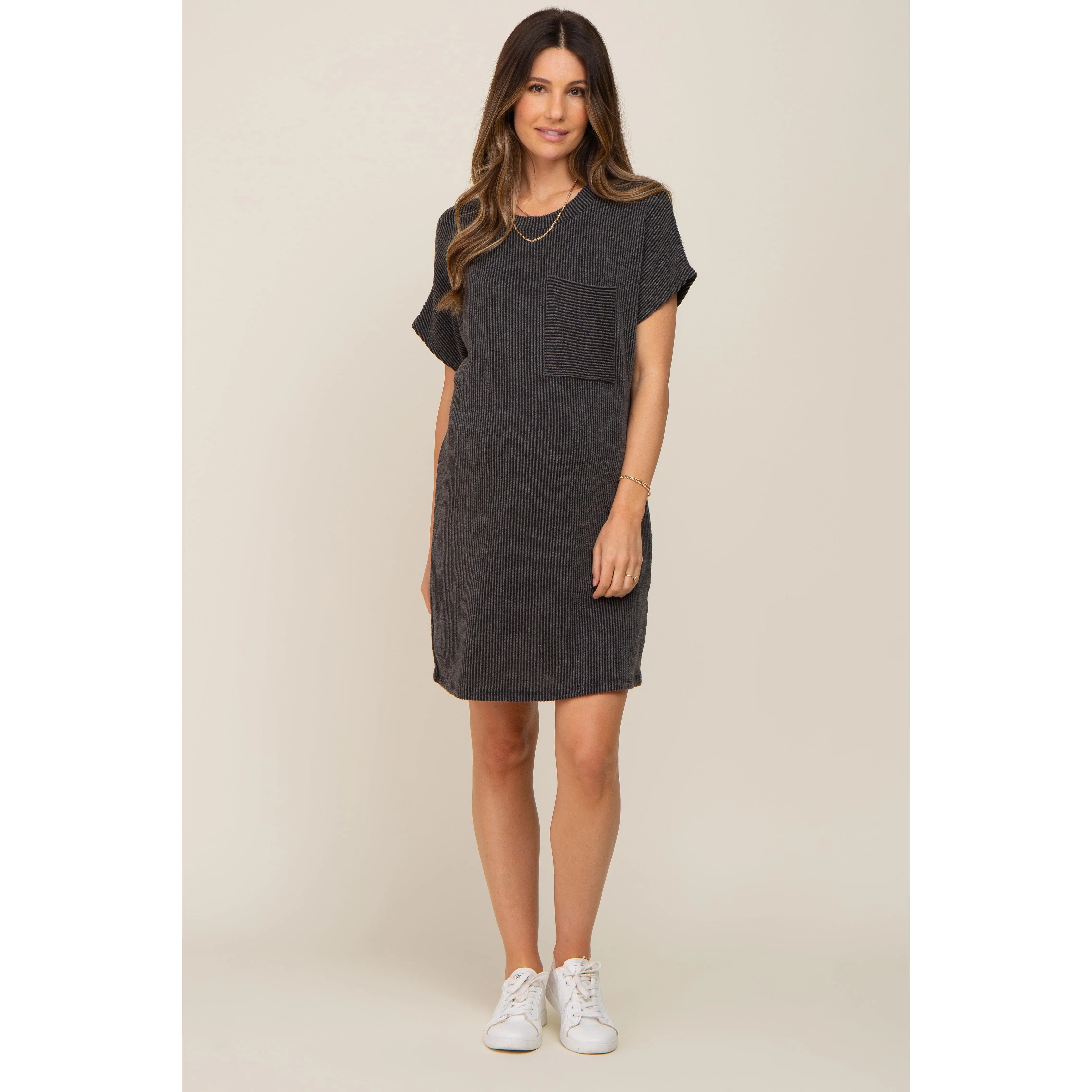Charcoal Ribbed Front Pocket Dolman Short Sleeve Maternity Dress