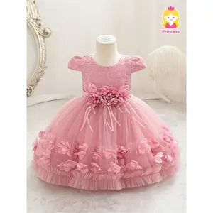 [Princess Party Dress] Princess Party Dress with Puffy Skirt & Flower Print - 's First Birthday Outfit, Pageant, Hand Washable Knee-Length Umbrella Skirt Wedding Guest Dress with Belt (Summer Recital Wear)