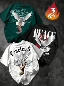 Men's Vintage Street Style Dove Print Short Sleeve T-Shirt (3 Pack), Breathable Fabric, Loose Fit, Casual Summer Wear