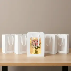 5 Pack of Transparent Window Kraft Paper Gift Bags 9.84 Inch x 7 Inch x 5.12 Inch with Handles, Ideal for Birthday Christmas Party Weddings Small Gifts