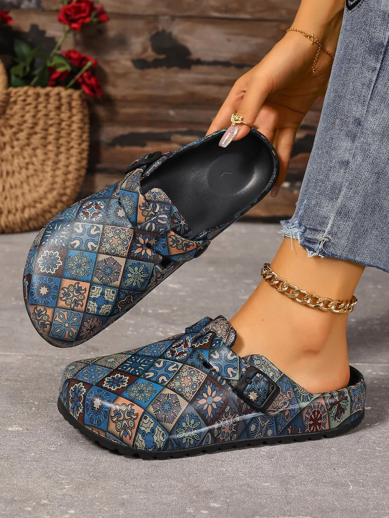 Women's Colorful Summer Sandals, Thick Sole Lightweight Eva Beach Shoes, Boho Ethnic Style Print, Fashion Flip Flops, Summer Slippers