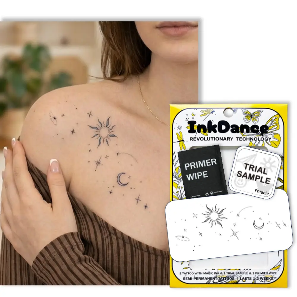 InkDance Semi-Permanent Tattoo - Celestial Sun Moon and Stars, Minimalist Fine Line, Waterproof Plant-Based Ink, All Skin Types, 1-2 Weeks Long-Lasting, 24-Hour Color Development Temporary Tattoo D322