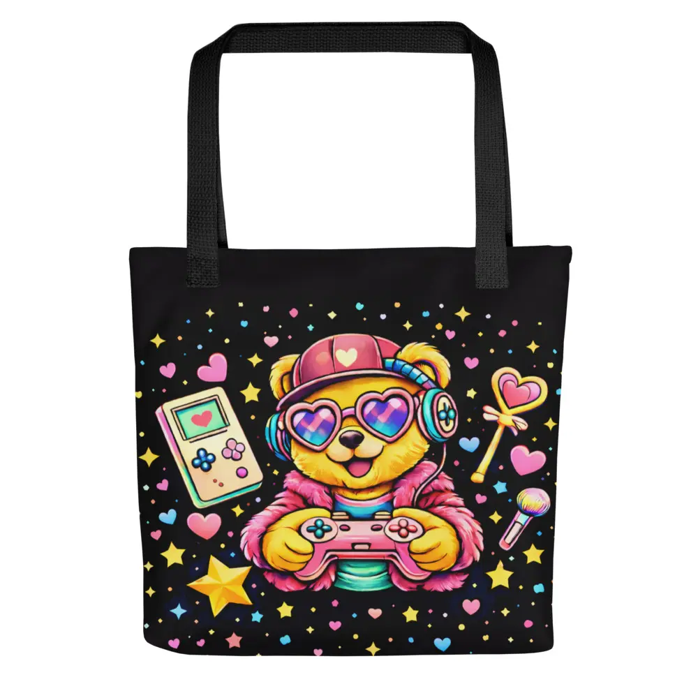 Retro Gaming Bear Tote Bag: Polyester Shopping, Work, School, Travel Carryall