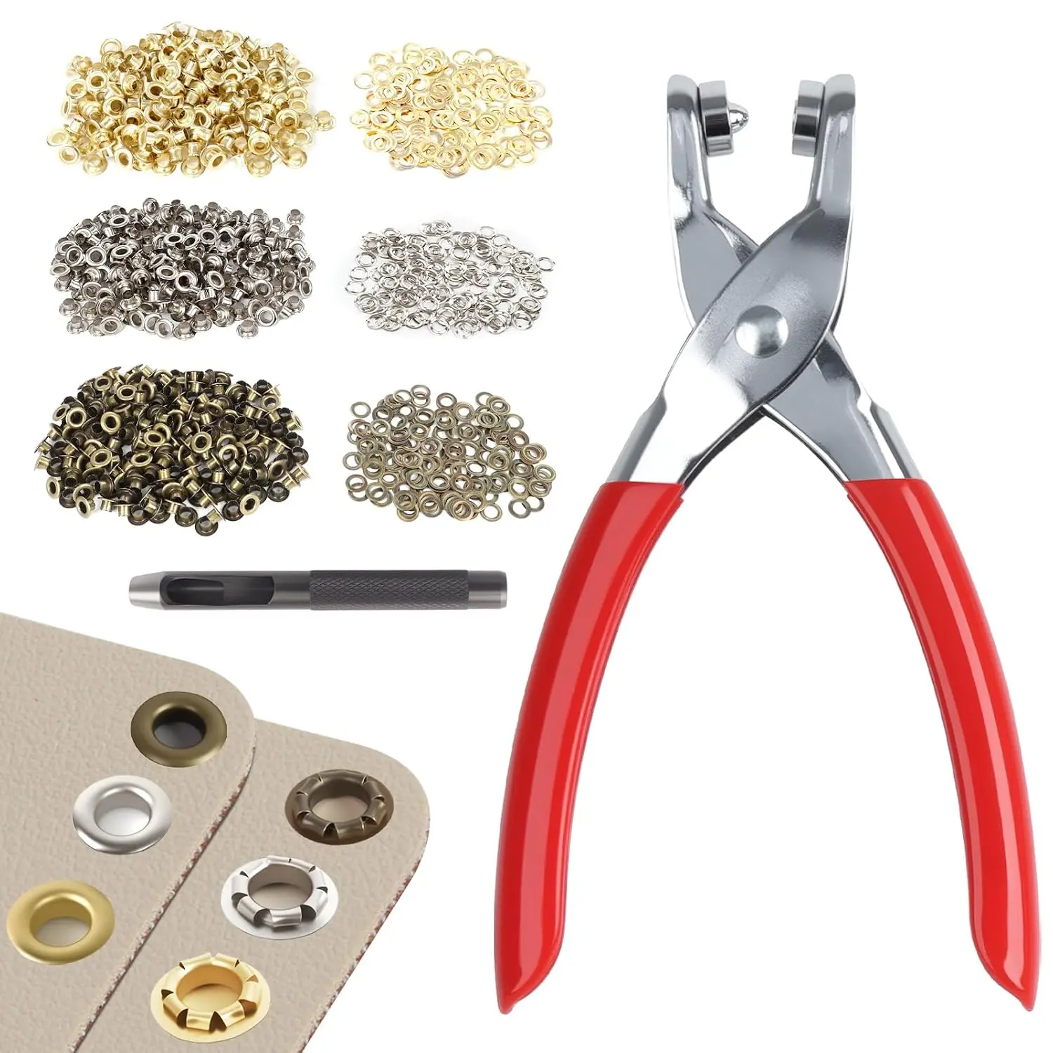 1203Pcs Grommet Tool Kit - 1/4In (6mm Inside Diameter) Eyelet Pliers Kit with 1200 Metal Eyelets and Washers (Gold, Silver, Copper) for Fabric, Leather Crafts