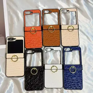 Crocodile Pattern Ring Buckle Holder Foldable Phone Case for Samsung Z Flip3/4/5/6/7/7FE, Business Luxury Style, Multiple Colors Available, Cellphone Casing