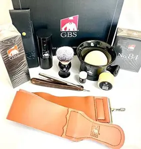 G.B.S Men's grooming Set - G.B.S 6/8" Razor Ceramic Shaving Mug, All-Natural Soap - Eau De Toilette, Aftershave Balm Styptic Powder, Leather case, Synthetic Brush with Travel Case, Strop & Paste. Foam Cream