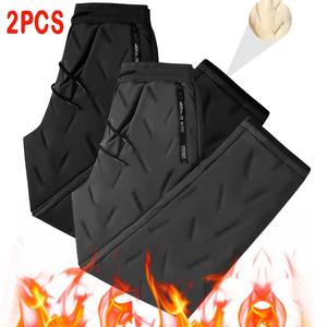 Men's Thermal Fleece-Lined Pants - Menswear Clothes, Thick Durable Loose Fit, Mid-Rise Monochromatic Machine-Washable, Drawstring Waistband, Side Pockets, Winter Cold Weather Use (Office, Travel)