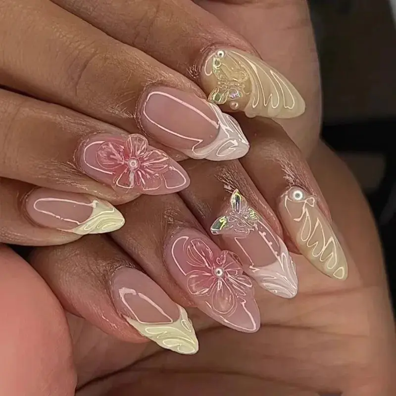 24Pcs Mid-length 3D Press On Nails Flowers Design Fingertips Sweet Butterfly Yellow Ripple Almond False Nails Detachable Full Cover Press Ons