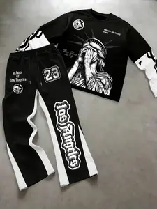 Unisex Streetwear Liberty Statue Print Long Sleeve T-Shirt & Los Angeles Letter Print Sweatpants, Casual Fitted Suit, Y2K Style, Couple