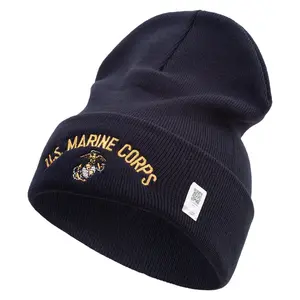 US Marine Corps Embroidered 12 Inch Solid Knit Cuff Long Beanie Made in USA