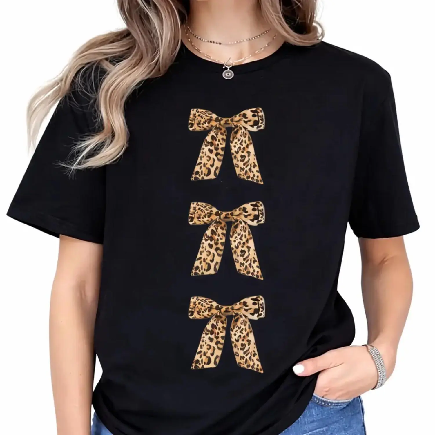 European And American Fashion Loose Versatile Casual Short Sleeve T Shirt Featuring Cotton Leopard Bow Print Suitable For Commuting And Shopping Breathable And Stylish