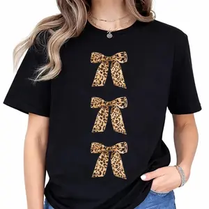 European And American Fashion Loose Versatile Casual Short Sleeve T Shirt Featuring Cotton Leopard Bow Print Suitable For Commuting And Shopping Breathable And Stylish