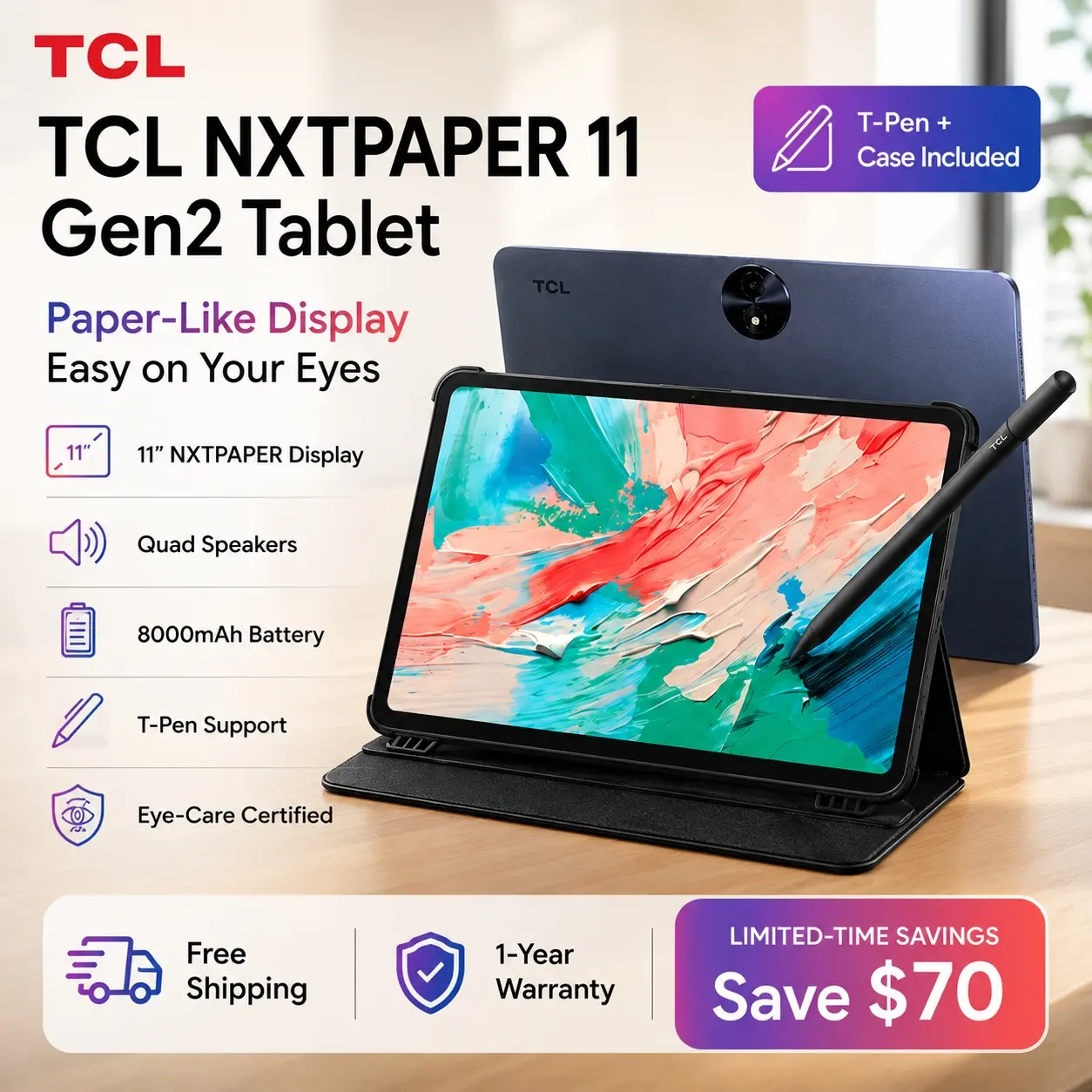 TCL NXTPAPER 11 Gen 2 Android Tablet, 11" Drawing Pad & Digital Notebook, Stylus & Flip Case Included, NXTPAPER 4.0 Display, Android 15, AI Tools, 6+64GB / 8+128GBRAM, 64GB/128GB Storage, 8000mAh Battery, Gray