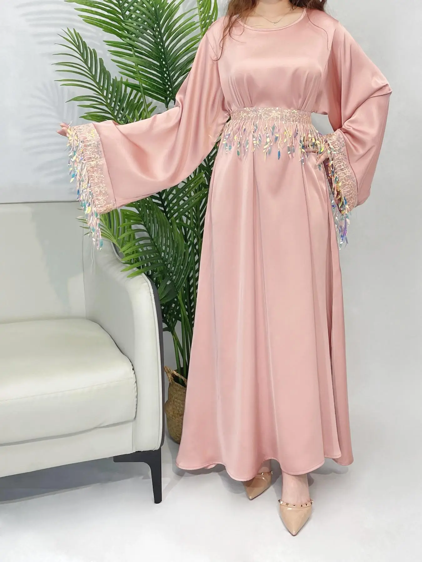 Arabic Clothing-Women's Contrast Lace Fringe Trim Belted Arabian Dress, Elegant Long Sleeve Round Neck Long Dress for Daily Wear Holiday Vacation, Wom