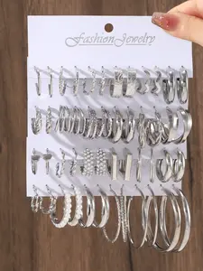24 Pairs Silver Color Ring Earrings Set, Twisted Imitation Pearl and Heart Design, Perfect for Daily, Party, Holiday Wear, Ideal Gift for Women and Teens